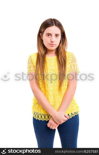 Studio shot of a sad woman, isolated over white