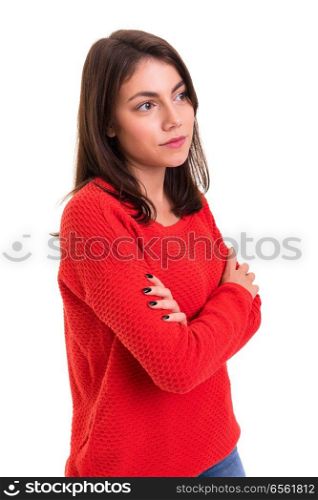 Studio shot of a sad woman, isolated over white