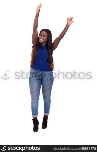 Studio shot of a Very Happy african woman with arms raised