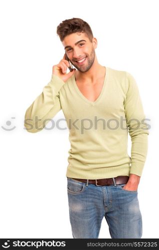 Studio shot of a young handsome man at the phone