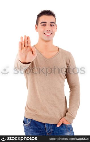 Studio shot of a young man signaling stop - isolated
