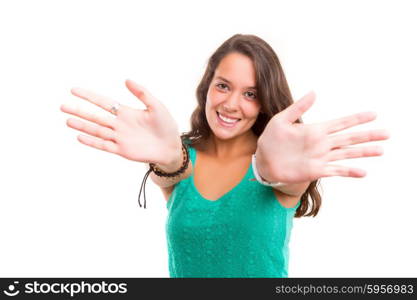 Studio shot of a young woman offering a hug