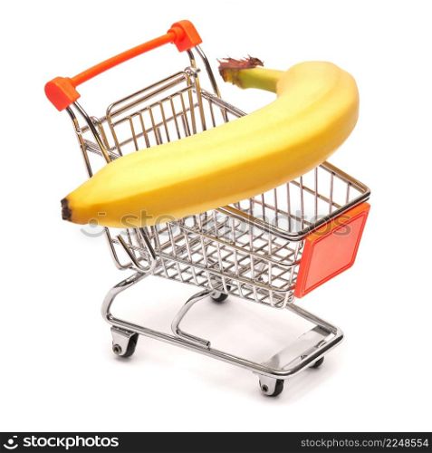 Studio shot of bananas bunch in shopping basket isolated on white background. High quality photo. Studio shot of bananas bunch in shopping basket isolated on white background
