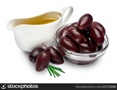 studio shot of black olives in glass bowl and oil isolated on white background. black olives isolated in glass bowl and oil on white background