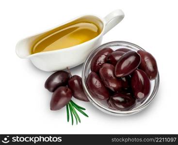 studio shot of black olives in glass bowl and oil isolated on white background. black olives isolated in glass bowl and oil on white background