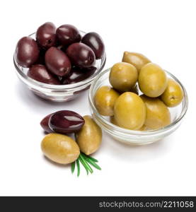 studio shot of green and black olives in glass bowl isolated on white background. green and black olives isolated in glass bowl on white background