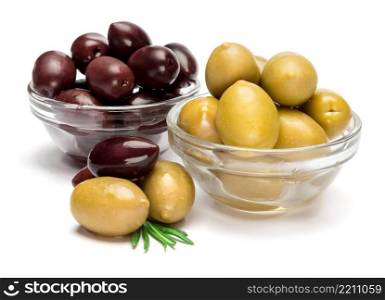 studio shot of green and black olives in glass bowl isolated on white background. green and black olives isolated in glass bowl on white background