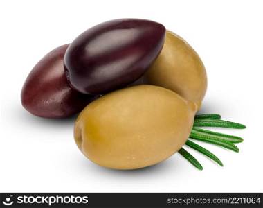 studio shot of green and black olives isolated on white background. green and black olives isolated on white background