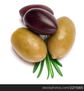 studio shot of green and black olives isolated on white background. green and black olives isolated on white background