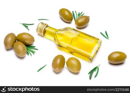 studio shot of green olives and olive oil isolated on white background. green olives ond olive oil isolated on white background