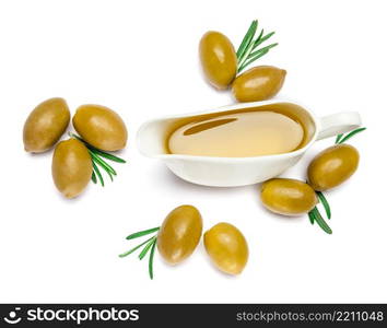 studio shot of green olives and olive oil isolated on white background. green olives ond olive oil isolated on white background