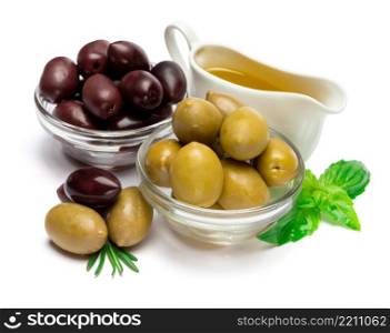 studio shot of green olives and olive oil isolated on white background. green olives ond olive oil isolated on white background