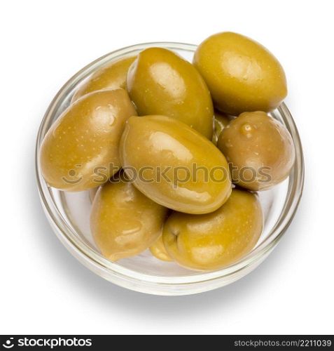 studio shot of green olives in glass bowl isolated on white background. green olives isolated in glass bowl on white background