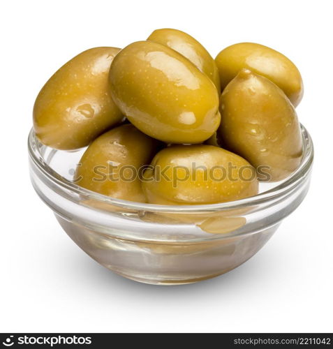 studio shot of green olives in glass bowl isolated on white background. green olives isolated in glass bowl on white background