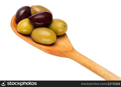 studio shot of wooden spoon with olives isolated on white background. wooden spoon with olives isolated on white background