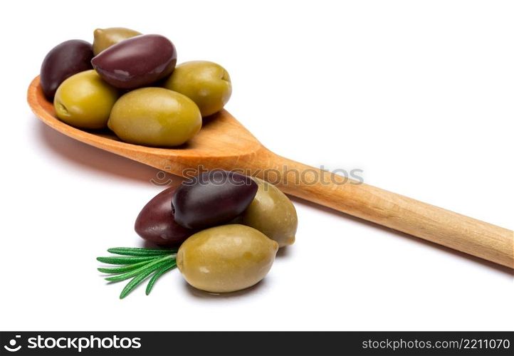 studio shot of wooden spoon with olives isolated on white background. wooden spoon with olives isolated on white background