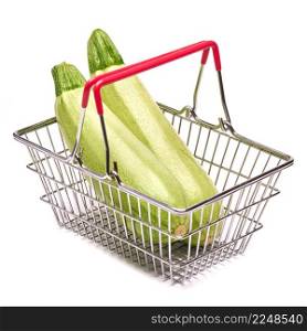 Studio shot of zucchini marrow isolated in shopping basket on white background. High quality photo. Studio shot of zucchini marrow isolated in shopping basket on white background
