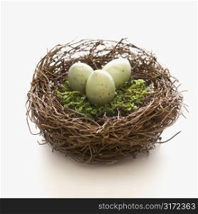 Studio still life of bird&acute;s nest with three speckled eggs.