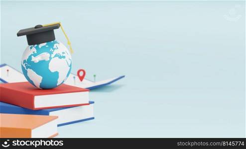 Study abroad concept design of world with graduation cap and plane map pin and location sign 3D render