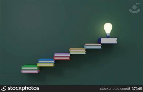 Studying is stairway to success concept of improve by education light bulb on top of stairs of books 3D rendering illustration 