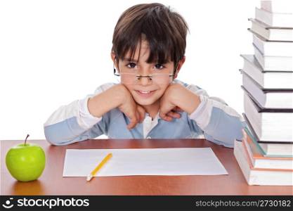 Studying young boy gives strange look wearing specs over isolated background