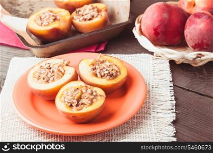 Stuffed Baked Peaches with walnuts and crunches