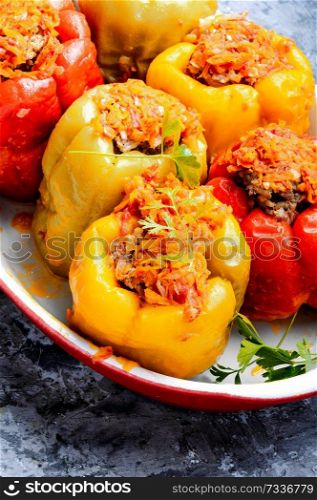 Stuffed bell peppers with minced meat.Baked bell pepper. Stuffed peppers in a baked pot
