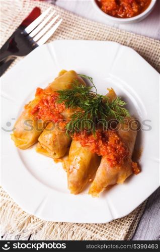 Stuffed cabbage with tomato dip on the plate