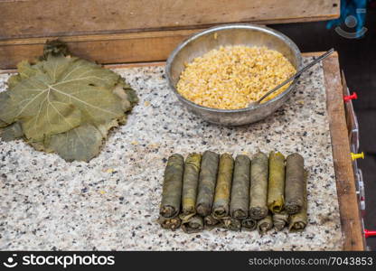 Stuffed grape leaves in Turkish style cooking