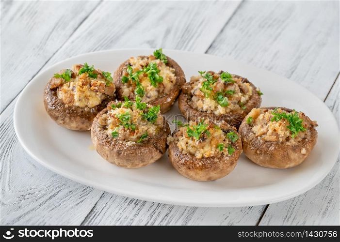 Stuffed mushroom caps with cream cheese, breadcrumbs and parmesan