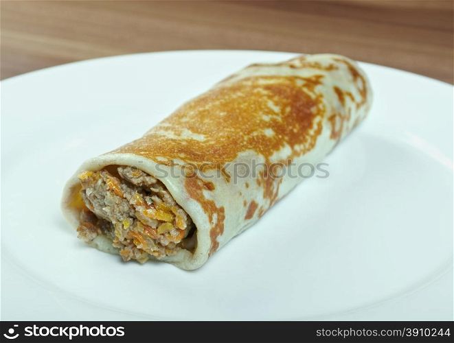 stuffed pancake with beef and vegetables