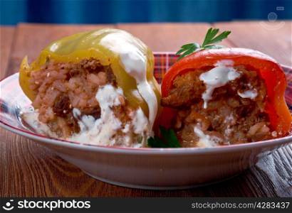 Stuffed paprika with liver, pork, rice and vegetables.Balkan cuisine