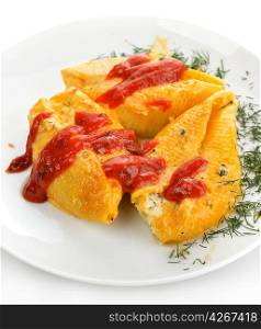 Stuffed Pasta Shells In A White Plate