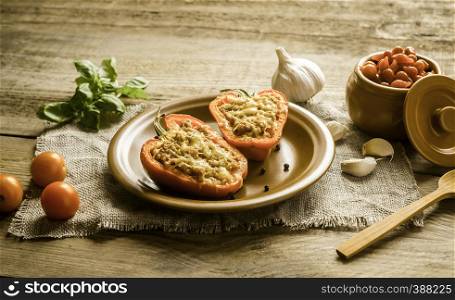 Stuffed peppers with meat in rustic decor
