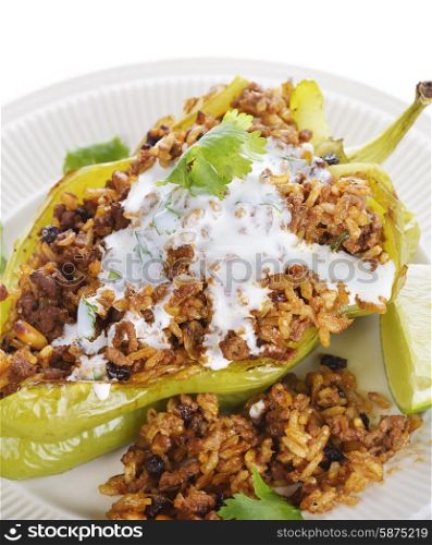 Stuffed Poblano Pepper with Dried Currants and Pine Nuts ,closeup