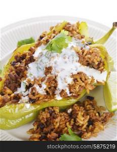 Stuffed Poblano Pepper with Dried Currants and Pine Nuts ,closeup