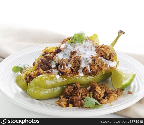 Stuffed Poblano Pepper with Dried Currants and Pine Nuts on a Plate