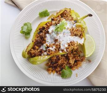 Stuffed Poblano Pepper with Dried Currants and Pine Nuts on a Plate,top view