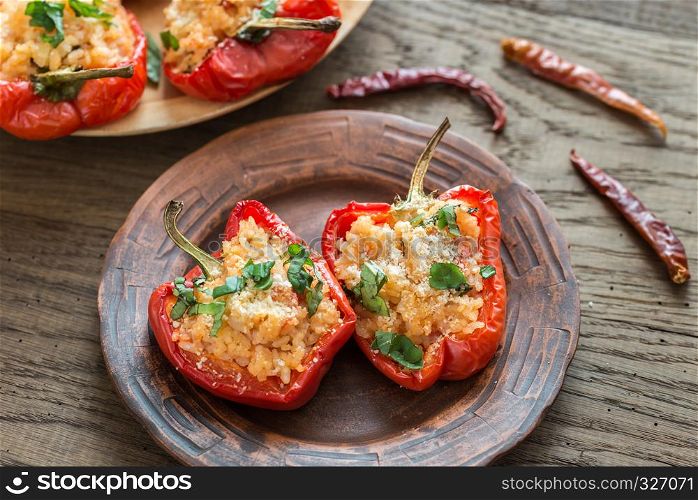 Stuffed red bell peppers with white rice and cheese