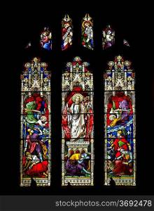 Stunning 15th Century stained glass window detail depicting resurrection of Jesus
