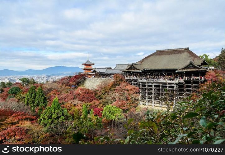 Stunning aeiral autumn color scenery of Kiyomizu-dera Temple in Kyoto, Japan