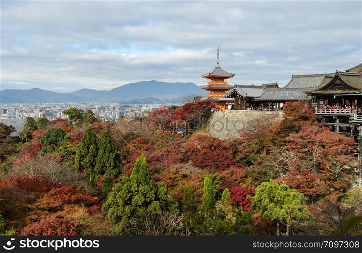 Stunning aeiral autumn color scenery of Kiyomizu-dera Temple in Kyoto, Japan