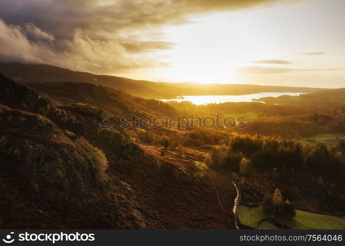 Stunning aerial drone landscape image of sunrise in Autumn Fall over English countryside