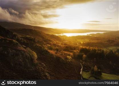 Stunning aerial drone landscape image of sunrise in Autumn Fall over English countryside