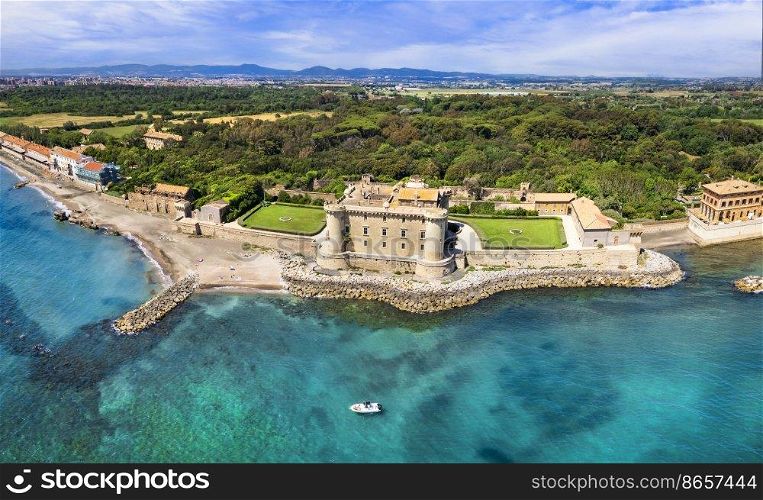Stunning aerial scenic view of castle on the beach a Ladispoli - Castello Palo Odescalchi. Lazio region, Italy
