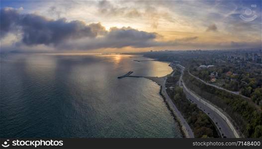 Stunning aerial view from drone of bay and coastline on the afternoon of Varna city, Bulgaria. High resolution