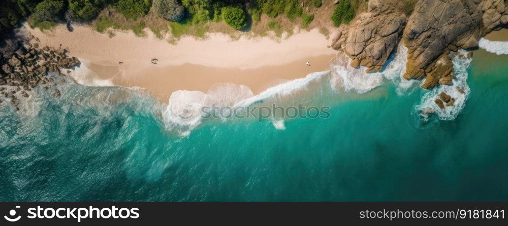 Stunning aerial view of a beautiful beach and crystal clear ocean waters provide a relaxing and scenic backdrop for outdoor leisure and vacation activities. AI Generative.