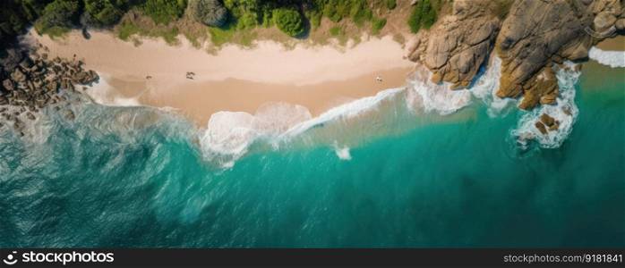 Stunning aerial view of a beautiful beach and crystal clear ocean waters provide a relaxing and scenic backdrop for outdoor leisure and vacation activities. AI Generative.