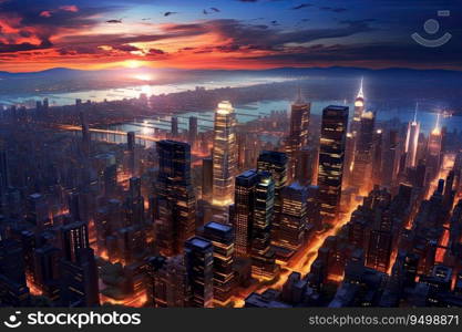 Stunning aerial view of a night city twilight skyline , Generative AI