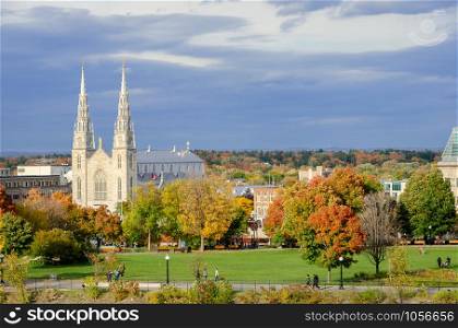 Stunning aerial view of Notre Dame Cathedral Basilica in autumn, Ottawa, Canada